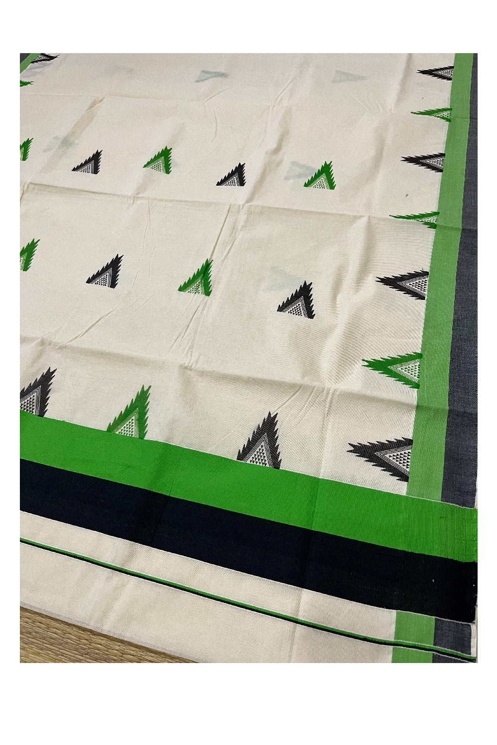 Kerala Cotton Saree with Light Green and Black Temple Block Prints on Border