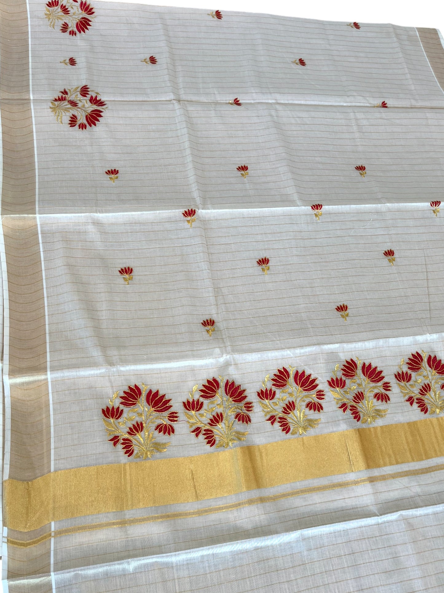 Southloom Kerala Tissue Stripes Kasavu Saree Red Floral Embroidery Design