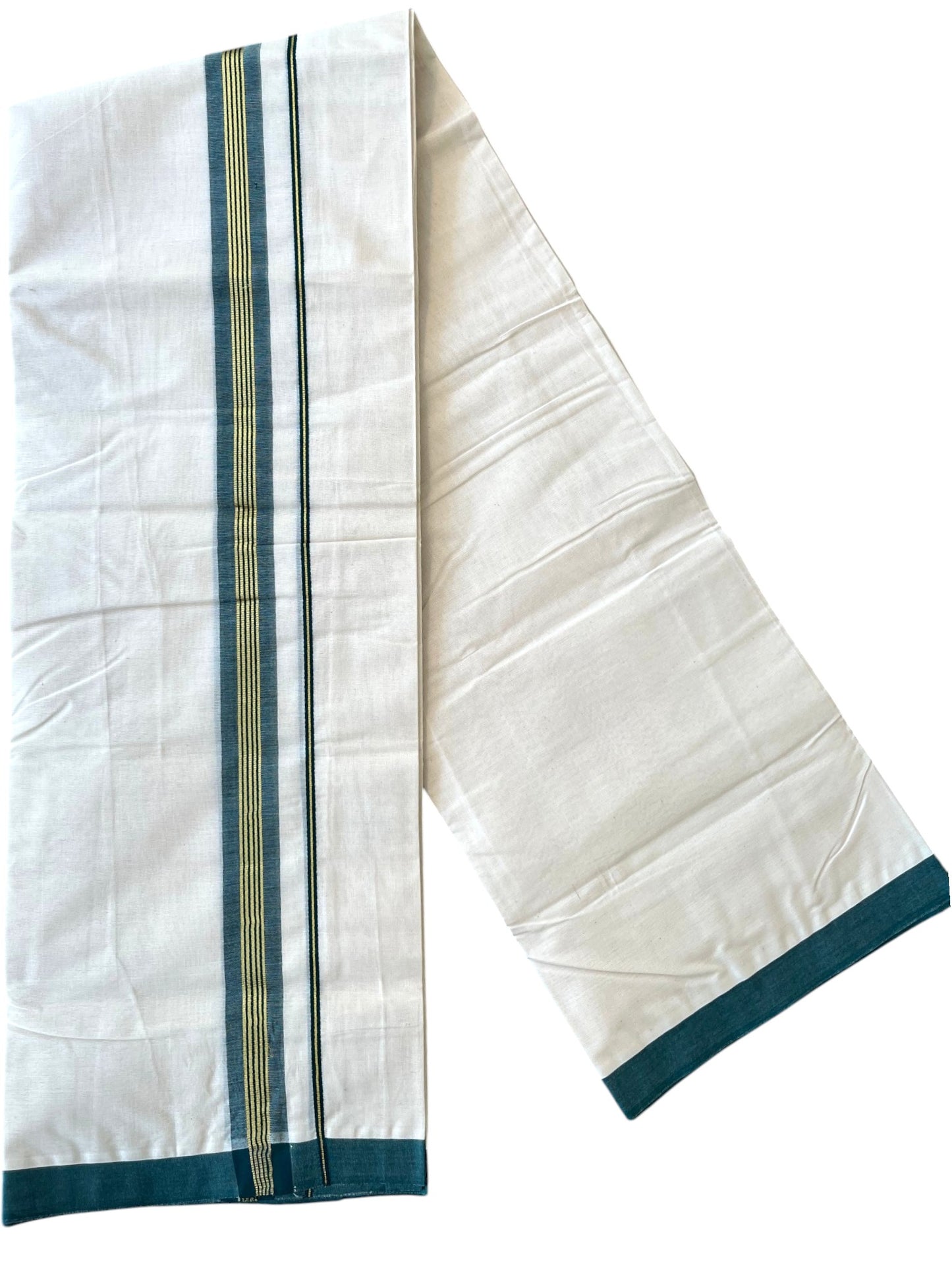 Southloom Pure Cotton Mundu with Golden Lines and Green Border (South Indian Kerala Dhoti)