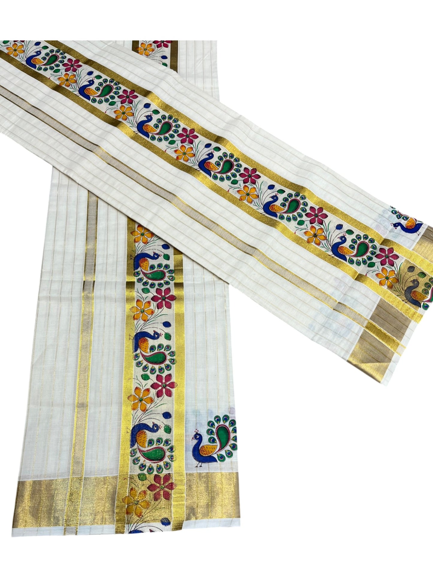 Southloom Cotton Lines Single Set Mundu (Mundu Neriyathum)Peacock Digital Print With Gold Border Kasavu in 2.80 Mtrs