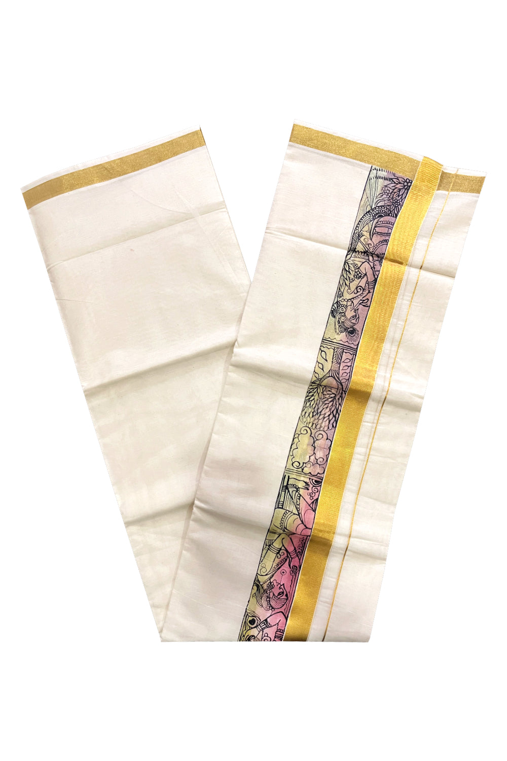 Pure Cotton Kerala Double Mundu with Hand Painted Designs on Kasavu Border (Vishu Collection 2024)