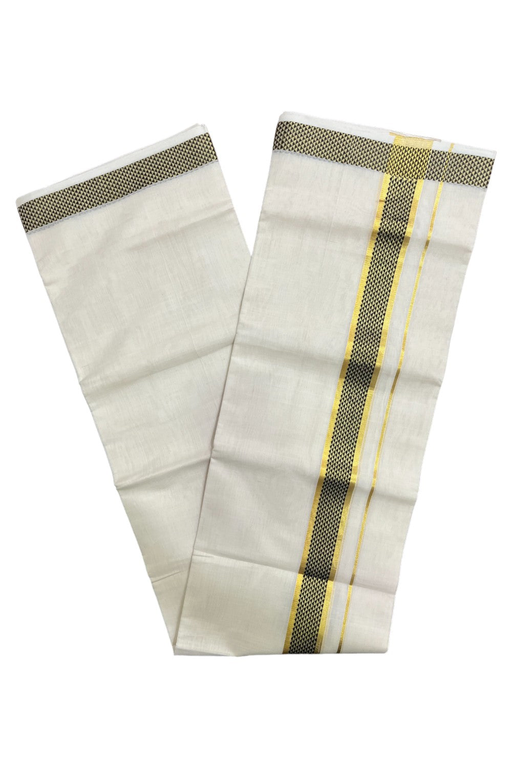 Premium Balaramapuram Handloom Unakkupaavu Cotton Double Mundu with Kasavu and Black Design Border (Vishu 2024 Collection)