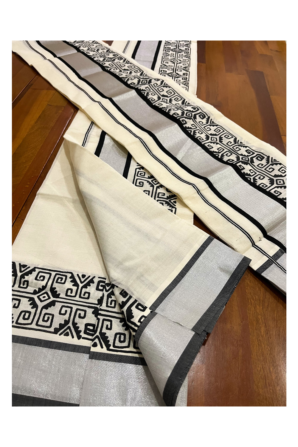 Pure Cotton Kerala Single Set Mundu (Mundum Neriyathum) with Black Block Printed Silver Kasavu Border