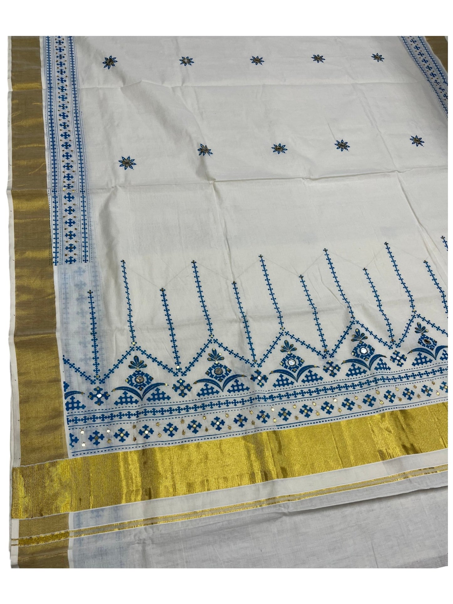 Southloom Pure Cotton Kerala Kasavu Saree with Blue Embroidery Designs