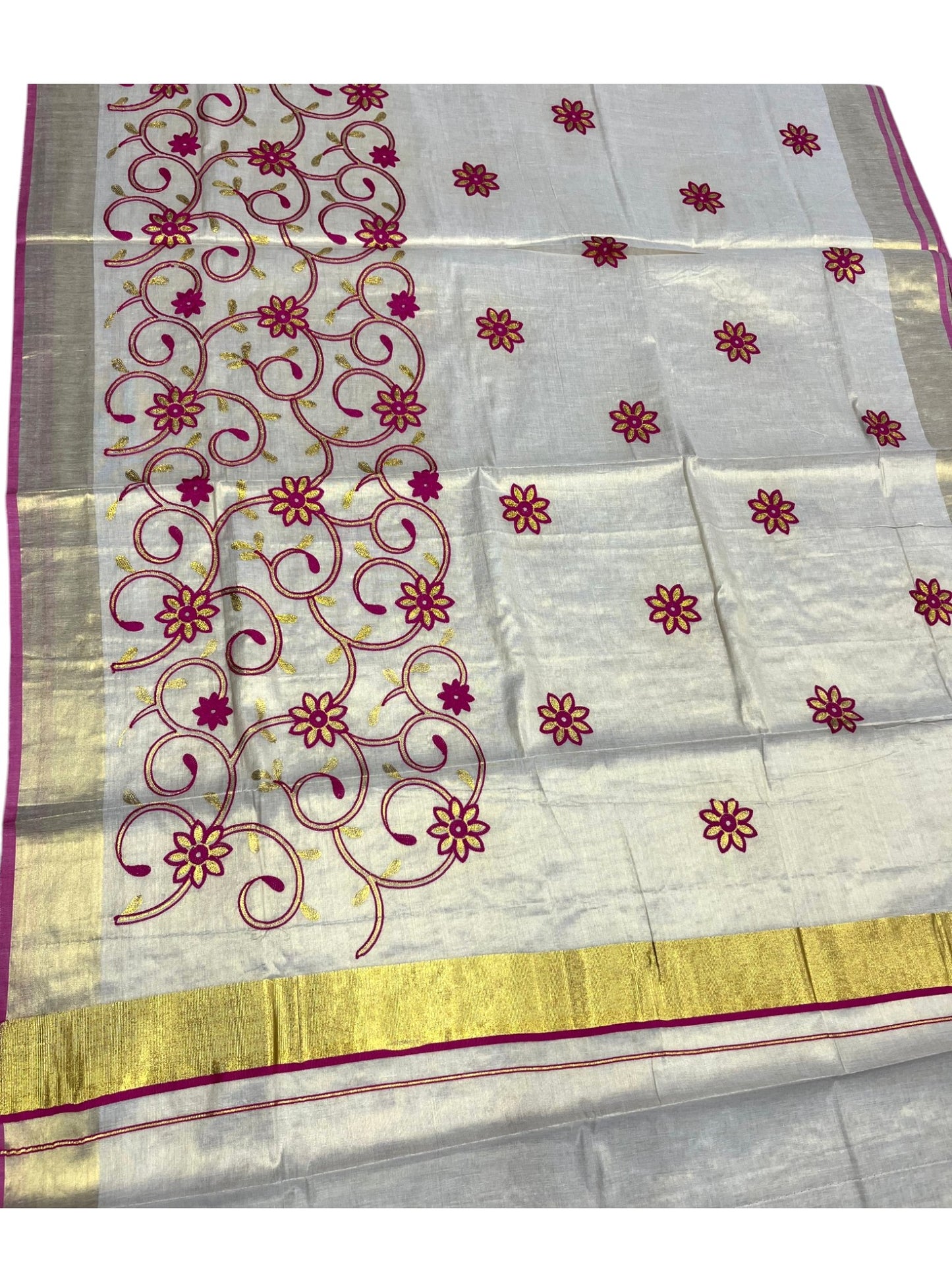 Southloom Kerala Tissue Kasavu Saree With Magenta and Golden Floral Embroidery Works