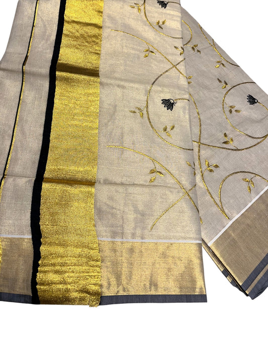 Southloom Kerala Tissue Plain Kasavu Saree with Black ang Gold Embroidery Saree