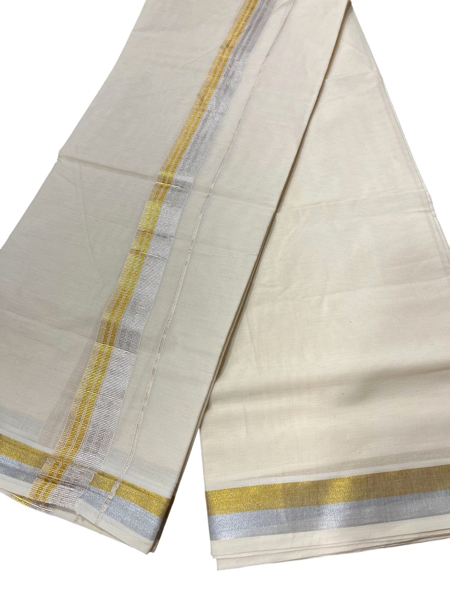 Southloom Kerala Pure Cotton Double Mundu with Silver and Gold Border (South Indian Dhoti)