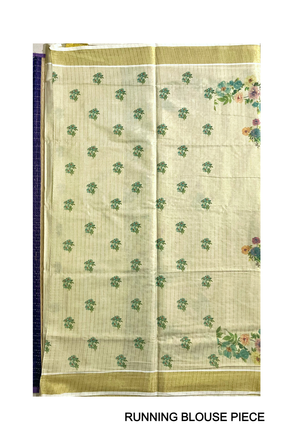 Kerala Tissue Kasavu Lines Design Saree with Floral Mural Prints on Body