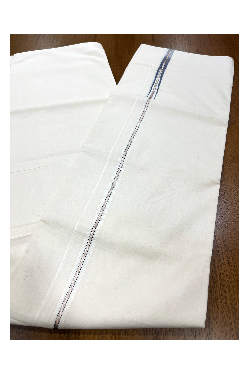 Pure Cotton Double Mundu with Silver Kasavu and Blue Puliyilakkara Border (South Indian Dhoti)