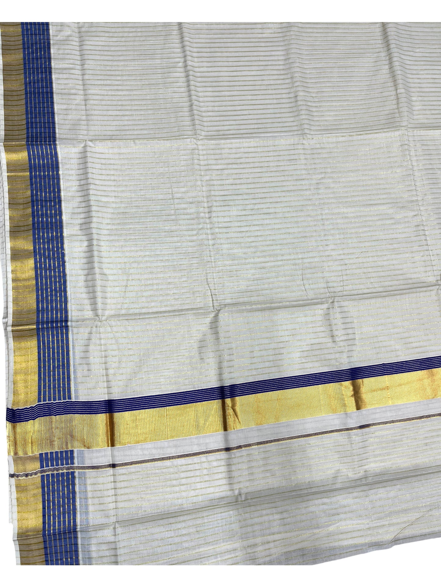 Southloom Pure Cotton Kerala Kasavu Lines Design Saree with Blue Border