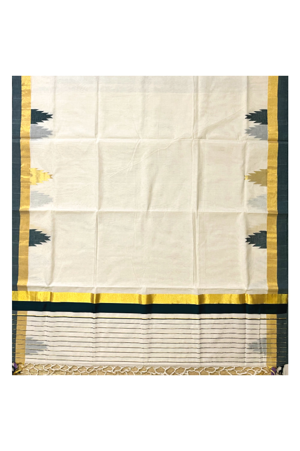 Southloom™ Premium Handloom Kerala Saree with Kasavu and Green Temple Border