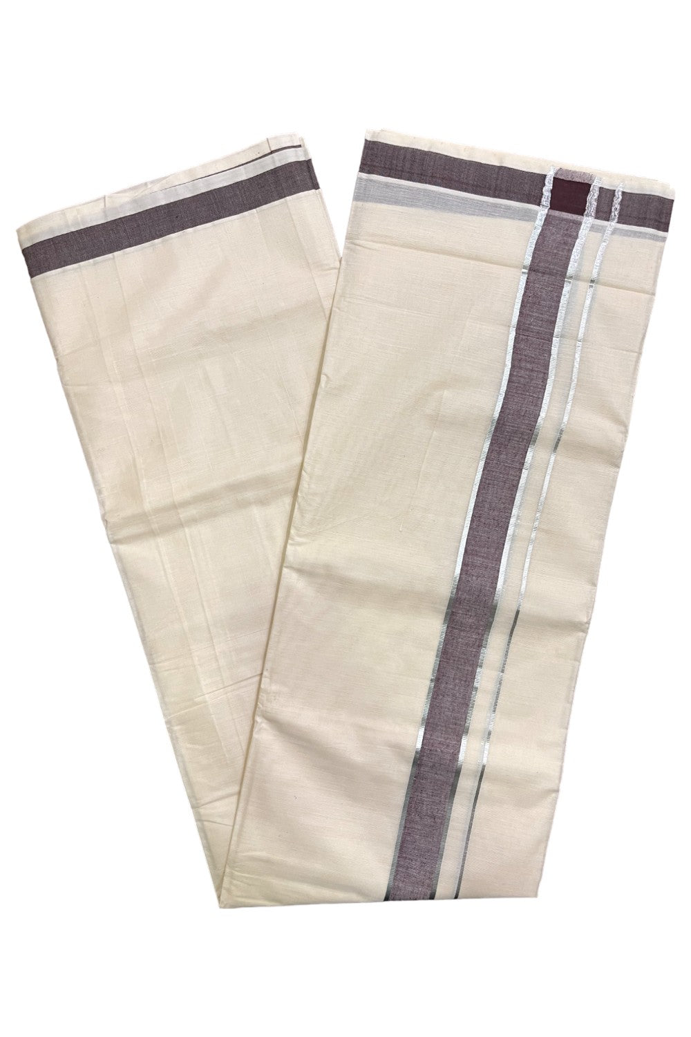 Kerala Pure Cotton Double Mundu with Brown and Silver Kasavu Border (South Indian Kerala Dhoti)