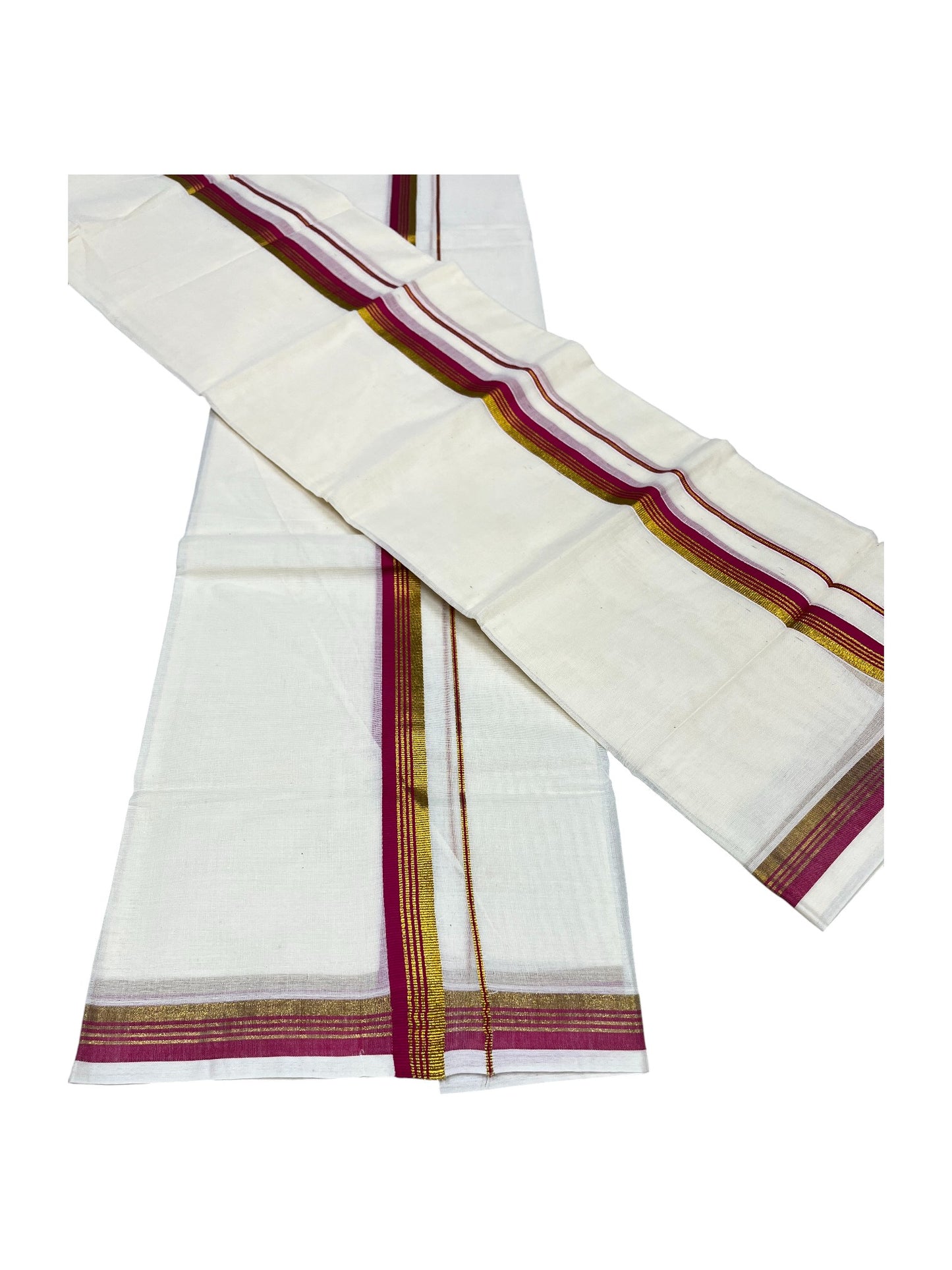 Pure Cotton Kerala Single Set Mundu (Mundum Neriyathum) with Magenta Kasavu Border in 2.80 Mtrs