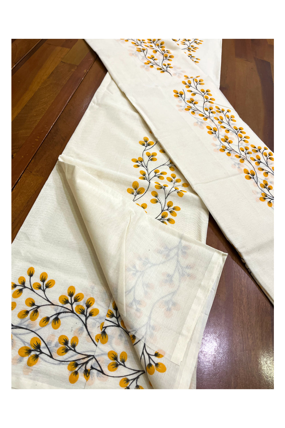 Southloom Set Mundu with Yellow Floral Block Print without Kara (Onam 2024 Collection)