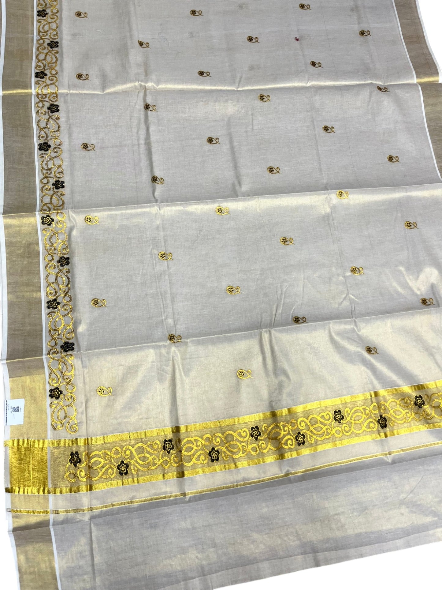 Southloom Kerala Tissue Kasavu Saree with Golden and Black  Embroidery Work on Body