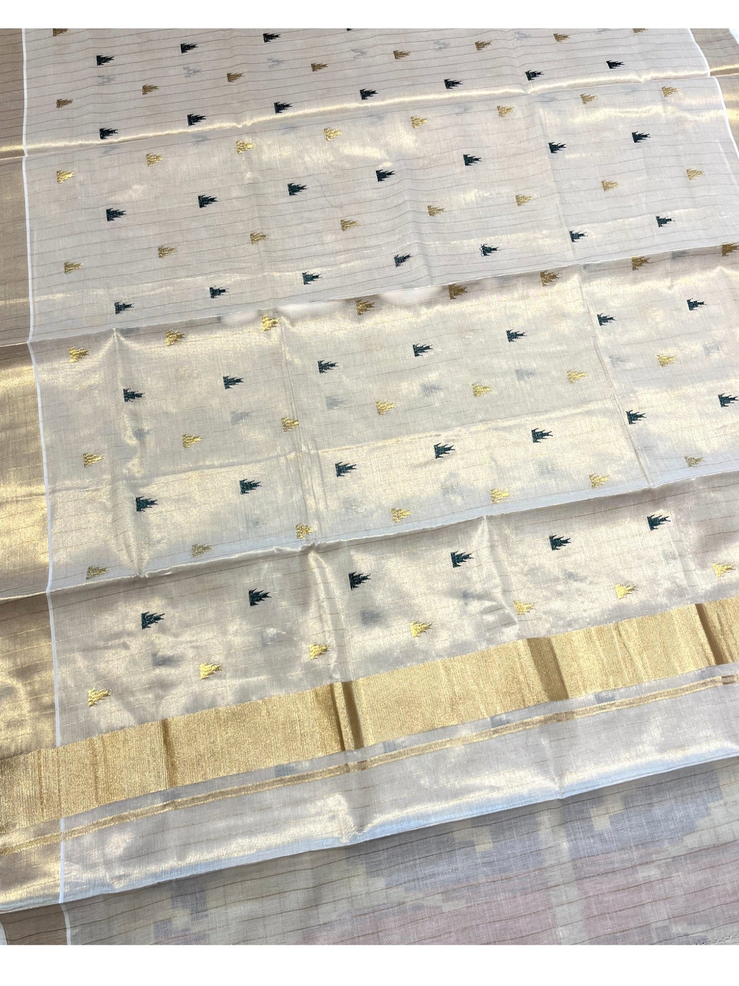 Southloom Kerala Tissue Kasavu Stripes Saree With Green Temple Embroidery on Body