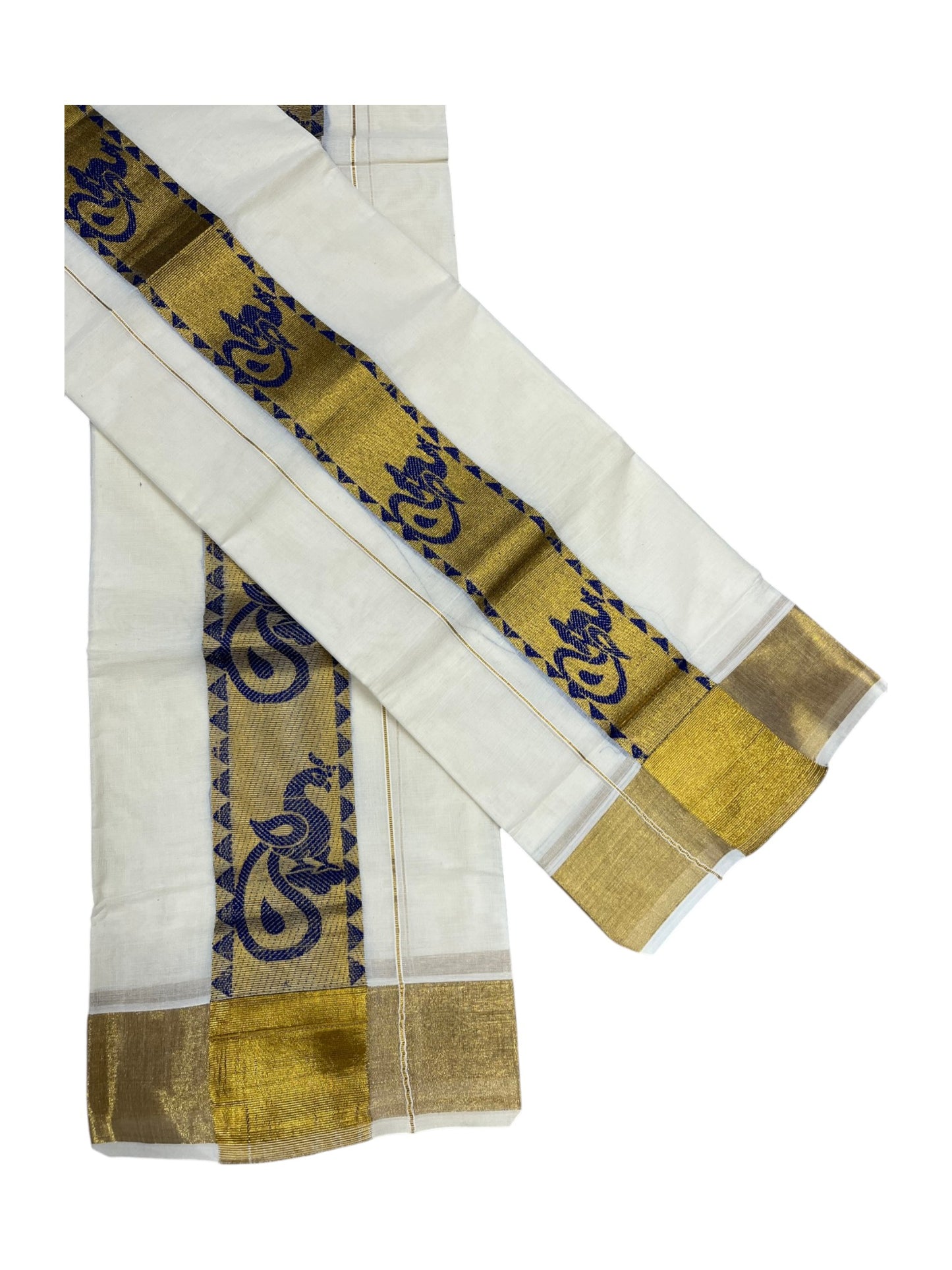Kerala Pure Cotton  Set Mundu (Mundum Neriyathum) with Blue Block Prints on Kasavu Border-2.80Mtrs