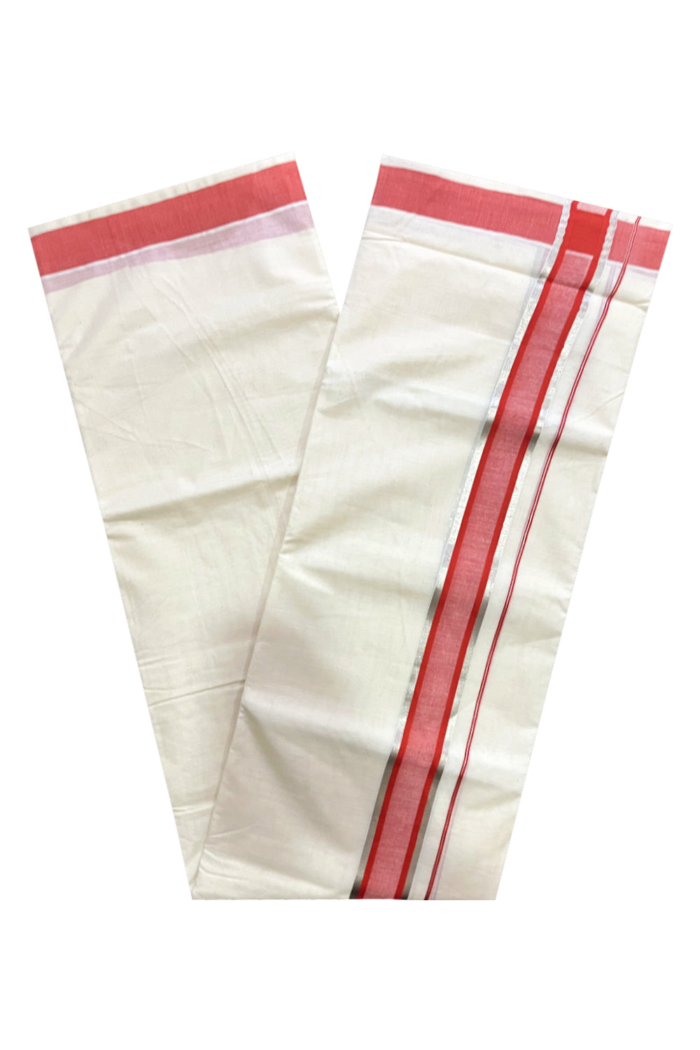 Kerala Cotton Off White Double Mundu with Silver Kasavu and Orange Border (South Indian Kerala Dhoti)