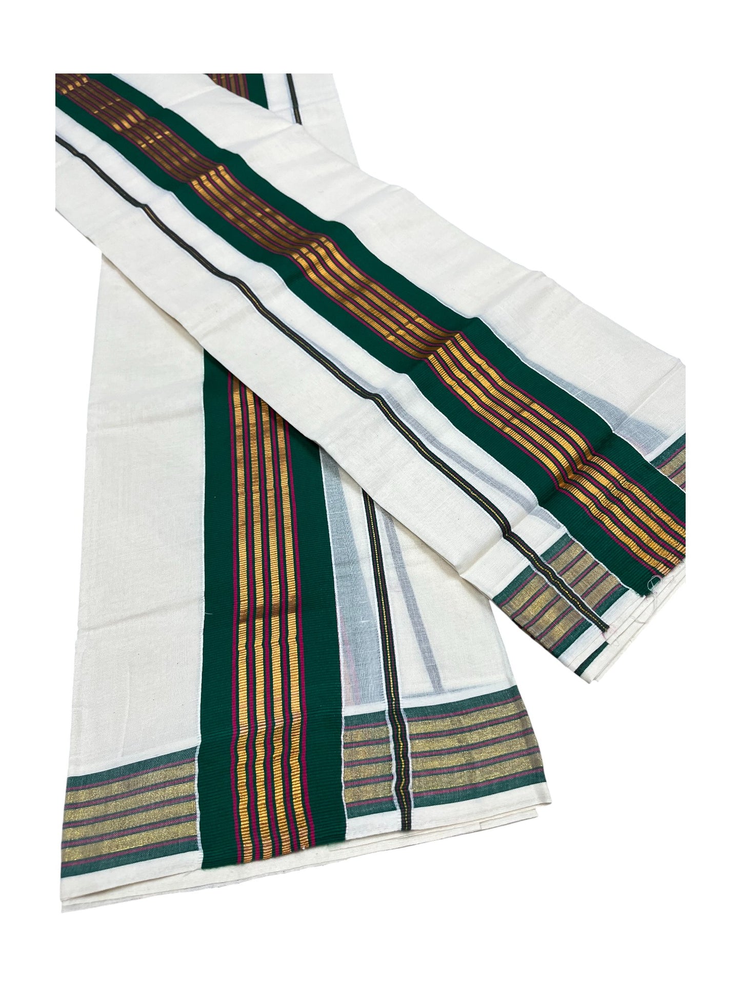 Kerala Cotton Kasavu Single Set Mundu (Mundum Neriyathum) with Pink and Gold Lines Green Border