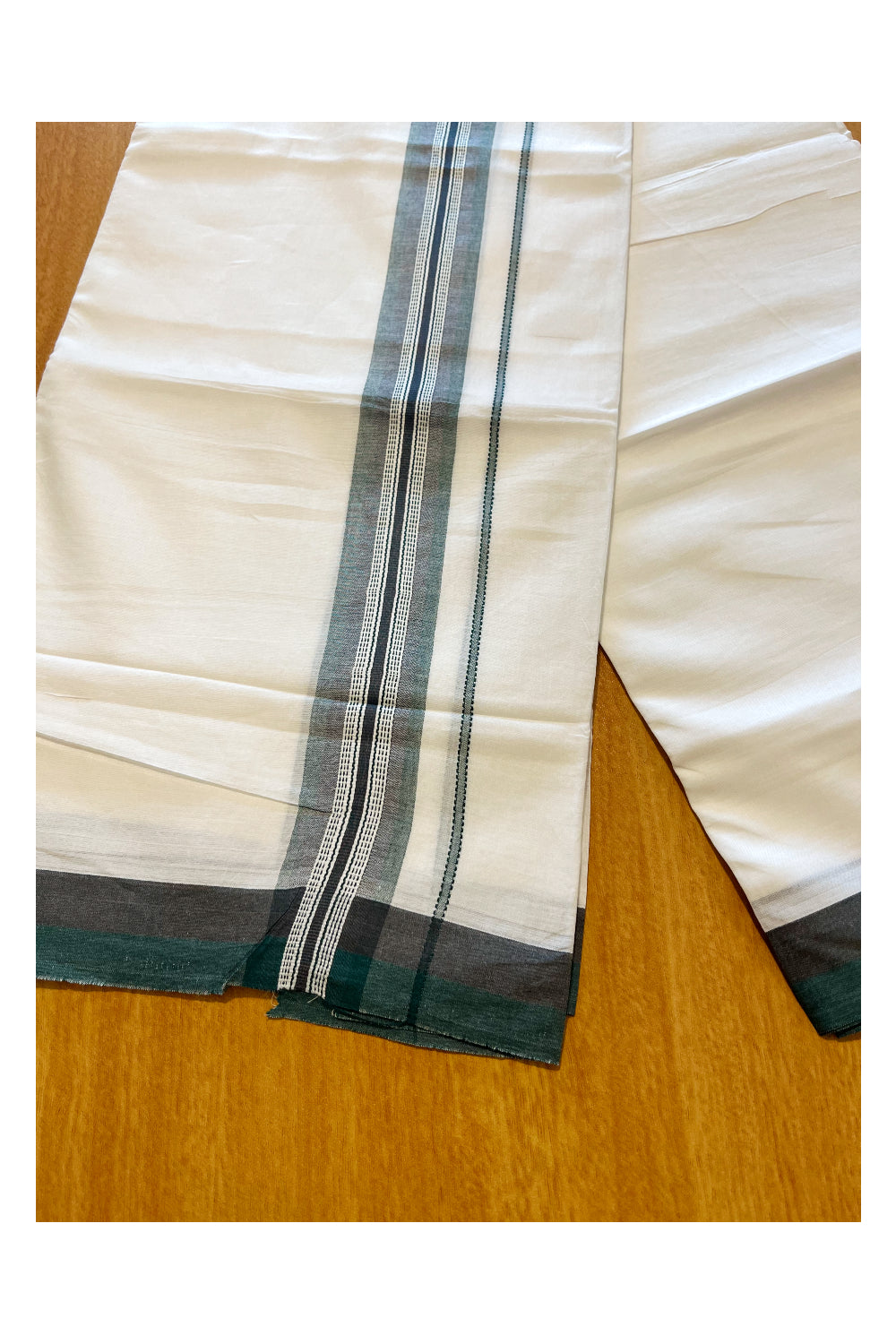 Pure White Cotton Double Mundu with Green Border (South Indian Dhoti)