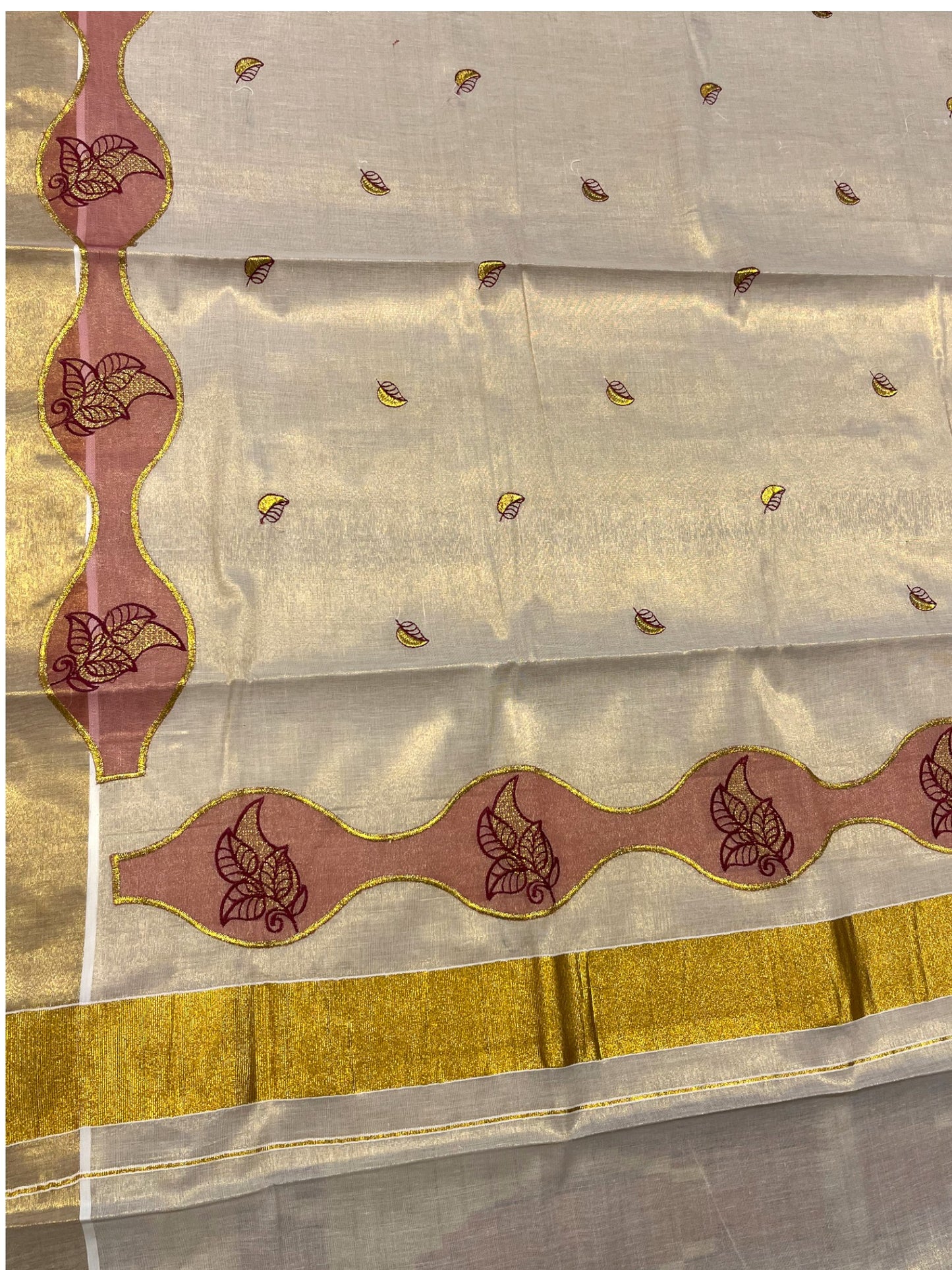 Southloom Tissue Kerala Kasavu Saree with Embroidery Design