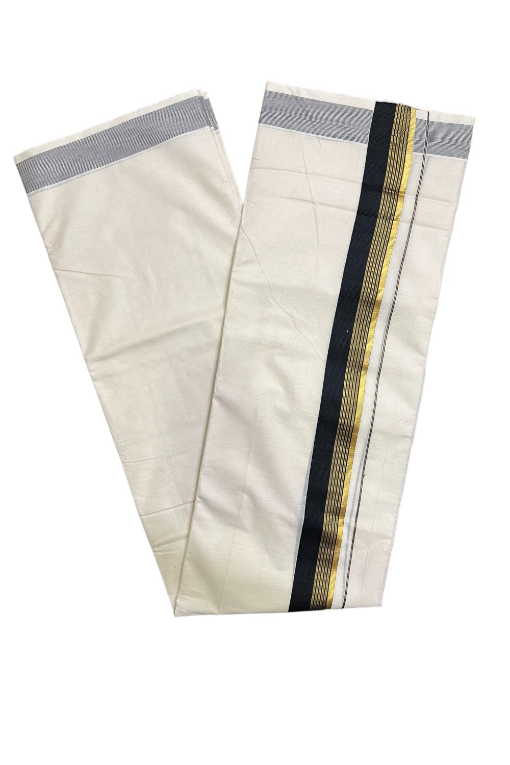 Kerala Pure Cotton Double Mundu with Black and Kasavu Border (South Indian Kerala Dhoti)