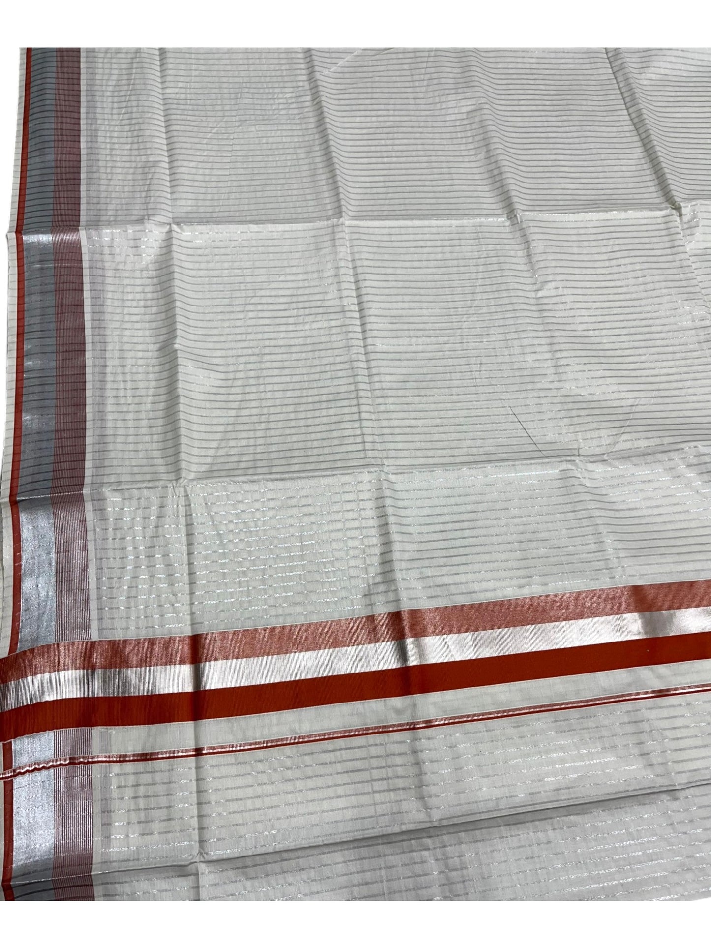 Southloom Pure Cotton Kerala Saree with Silver Kasavu Lines Across Body and Orange Border