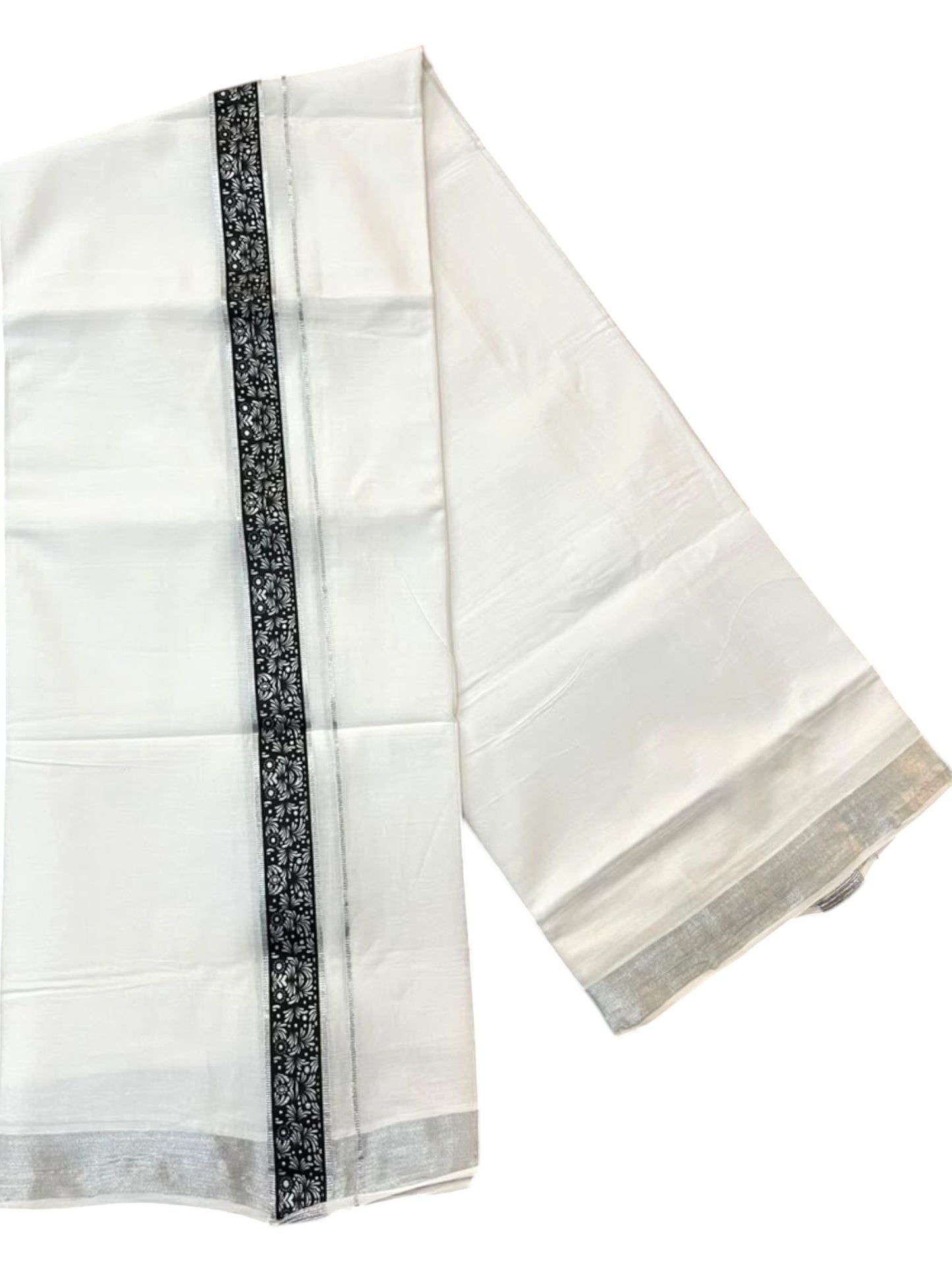 Southloom Pure White Cotton Mundu with Black and Silver Kasavu Border (South Indian Kerala Dhoti)