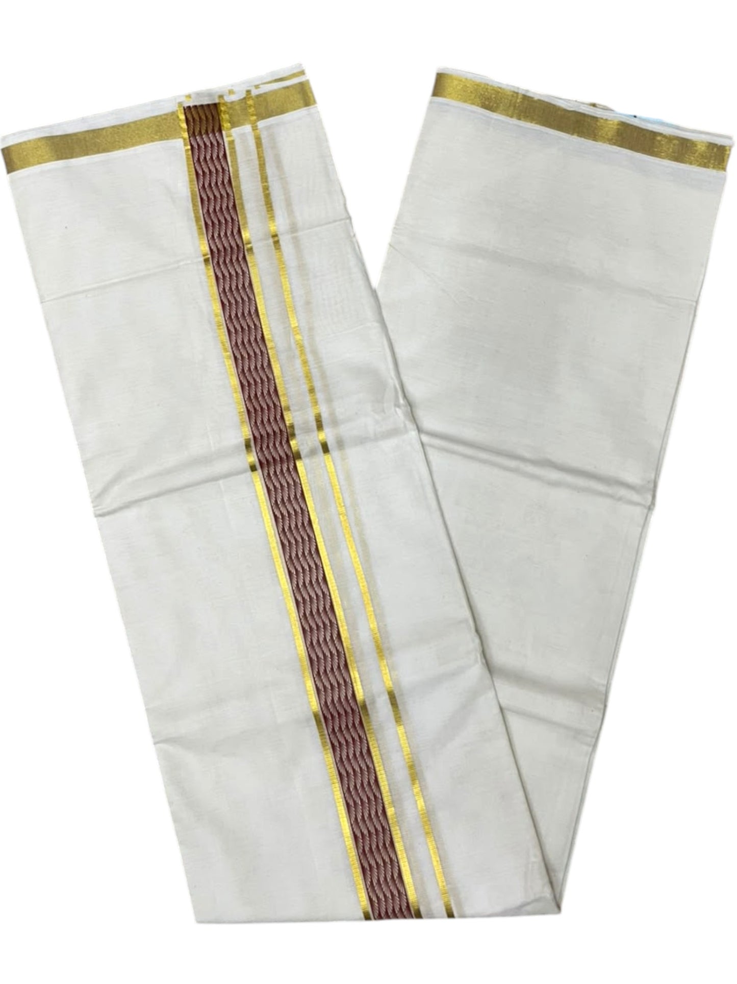 Southloom Pure Cotton Double Mundu with Maroon Block Printed And Ksavu Border (South Indian Kerala Dhoti)