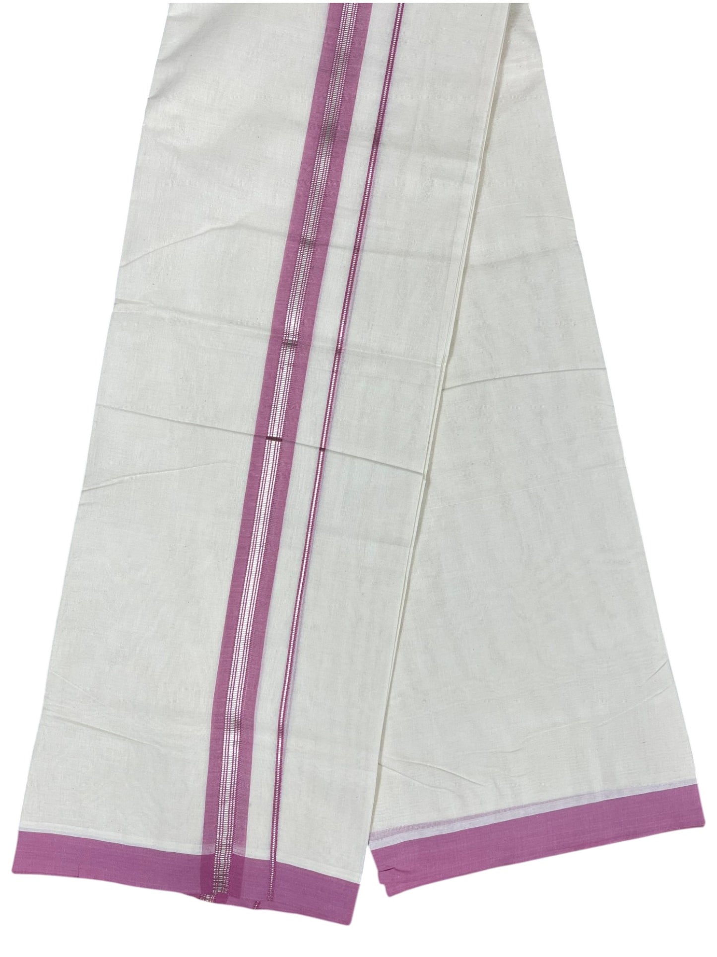 Southloom Pure Cotton Mundu with Silver Lines and Pink Border (South Indian Kerala Dhoti)