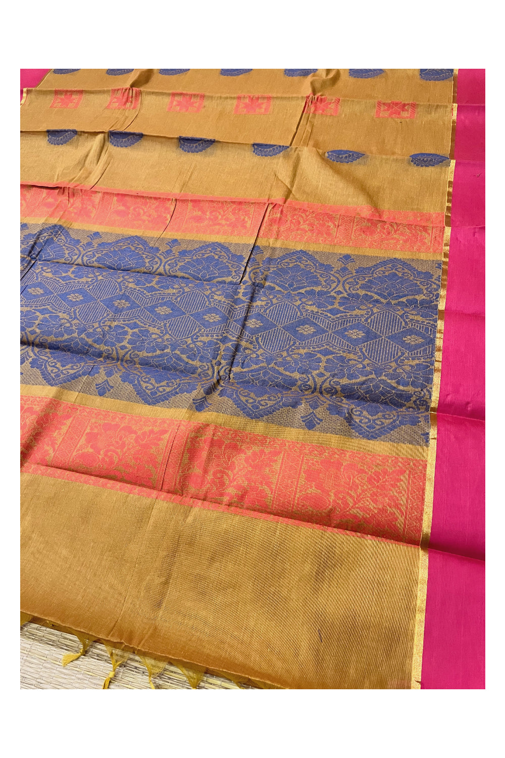 Southloom Cotton Mustard Yellow Saree with Woven Butta Works on Body and Pallu