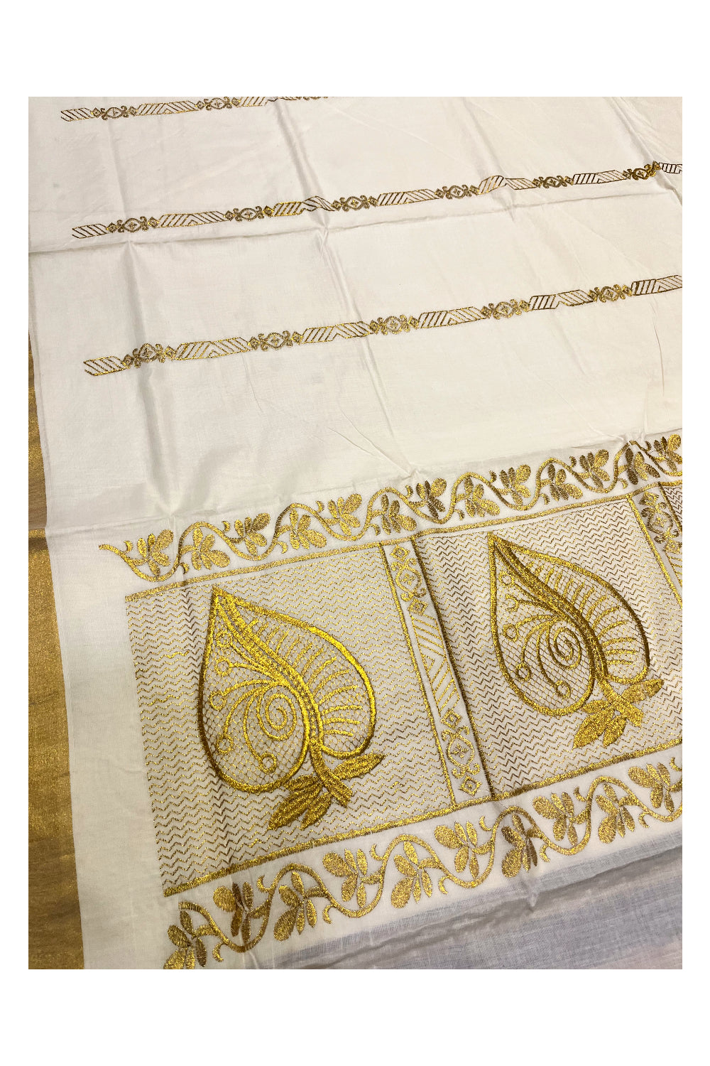Pure Cotton Kerala Kasavu Saree with Golden Floral Thread Works
