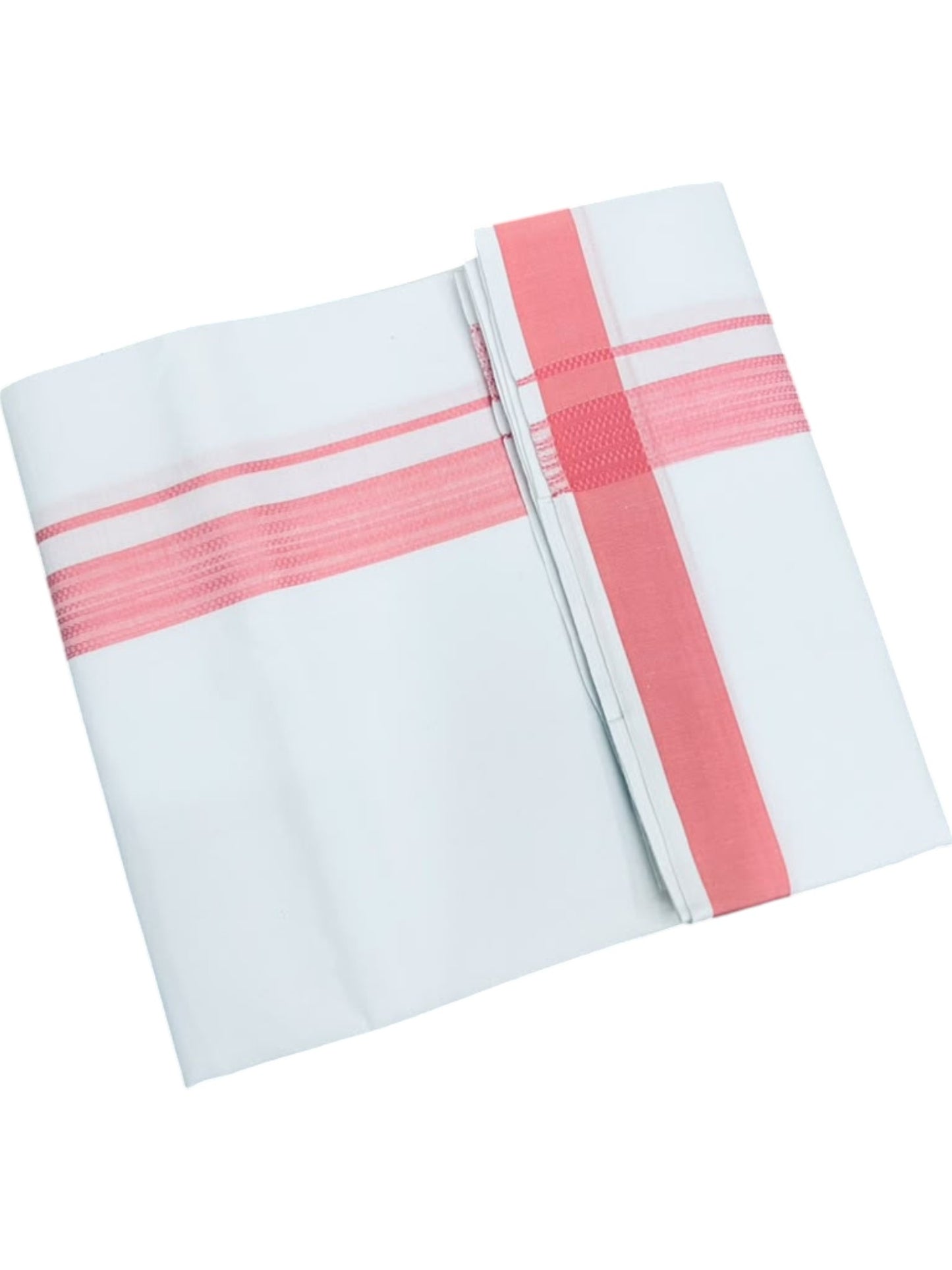 Southloom Pure White Single Cotton Mundu with Pink Border (South Indian Kerala Dhoti)