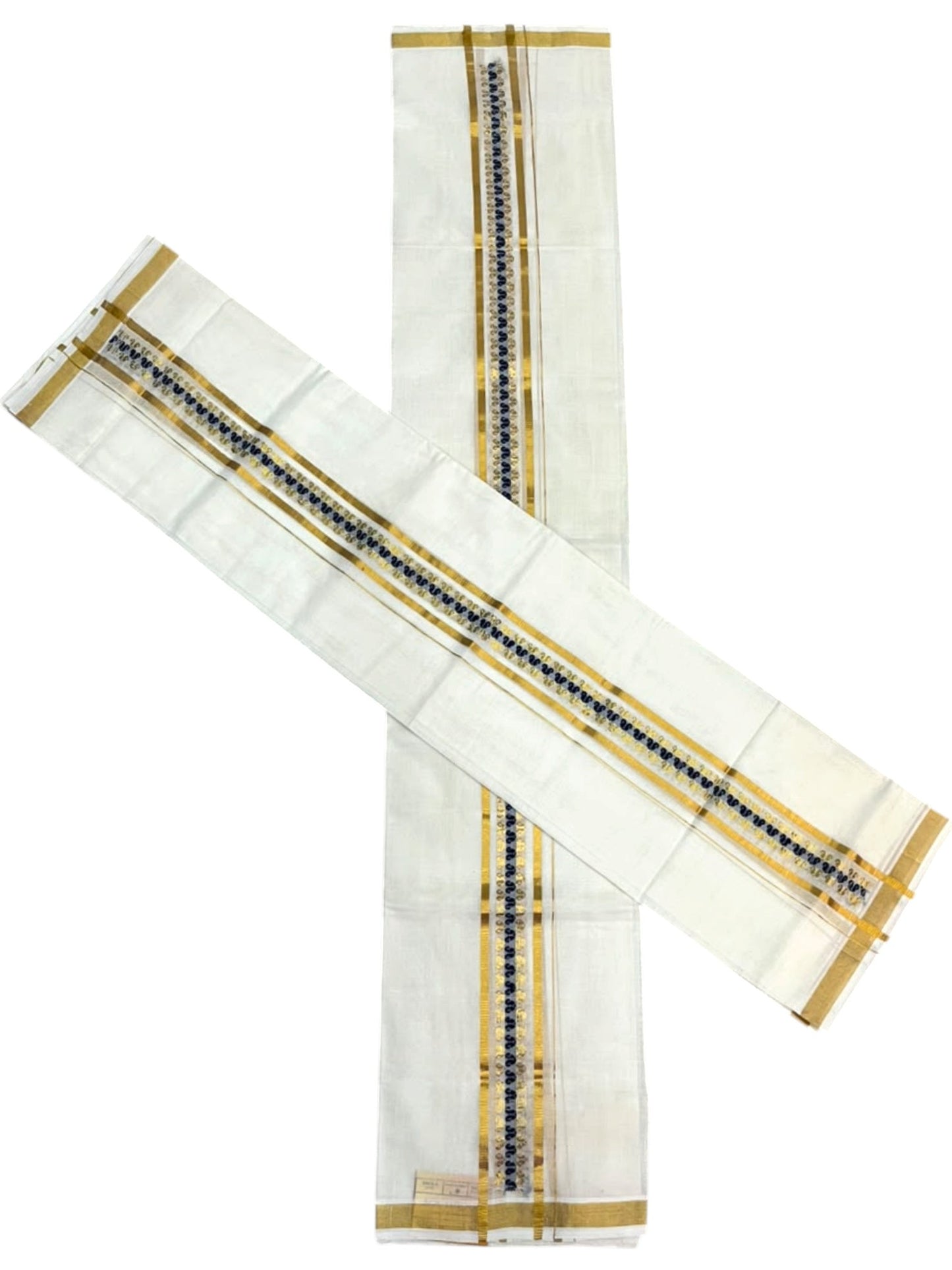 Southloom Premium Cotton Handloom Set Mundu With Blue Woven Dots Design And Golde Kasavu Border (2.80 Mtr) SL632
