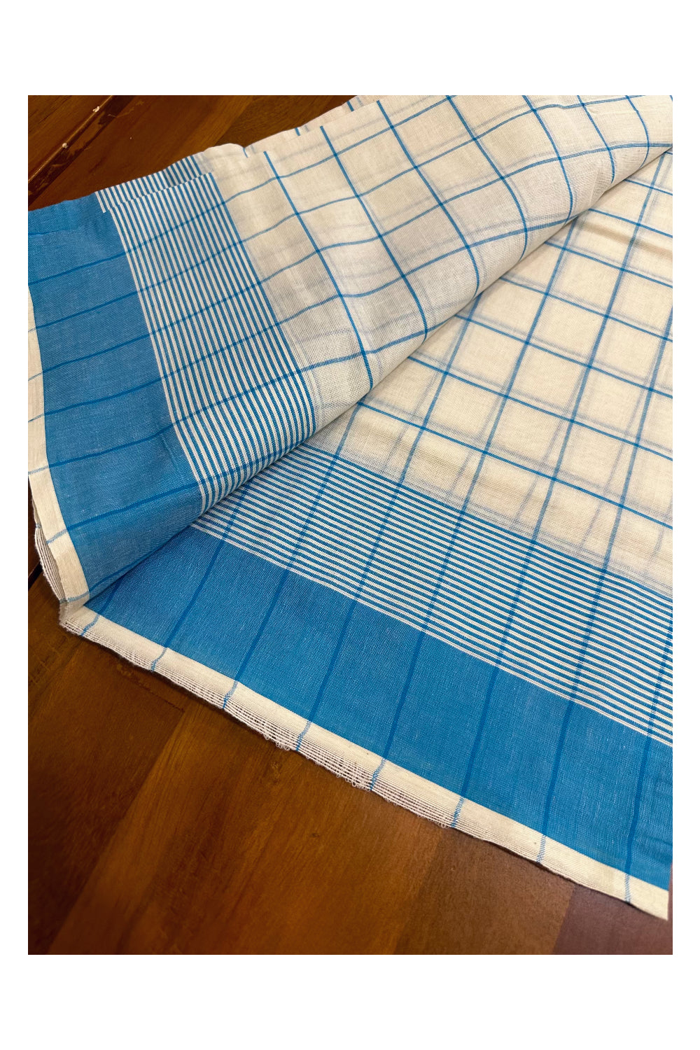 Pure Cotton Kerala Single Set Mundu (Mundum Neriyathum) with Blue Check Designs on Body 2.80 Mtrs (Vishu Collection 2024)