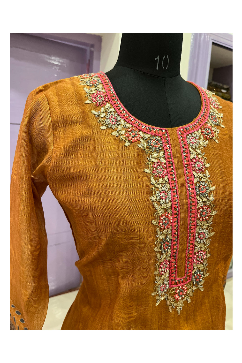 Southloom Stitched Chanderi Silk Salwar Set in Dark Orange and Thread Sequins Works in Yoke