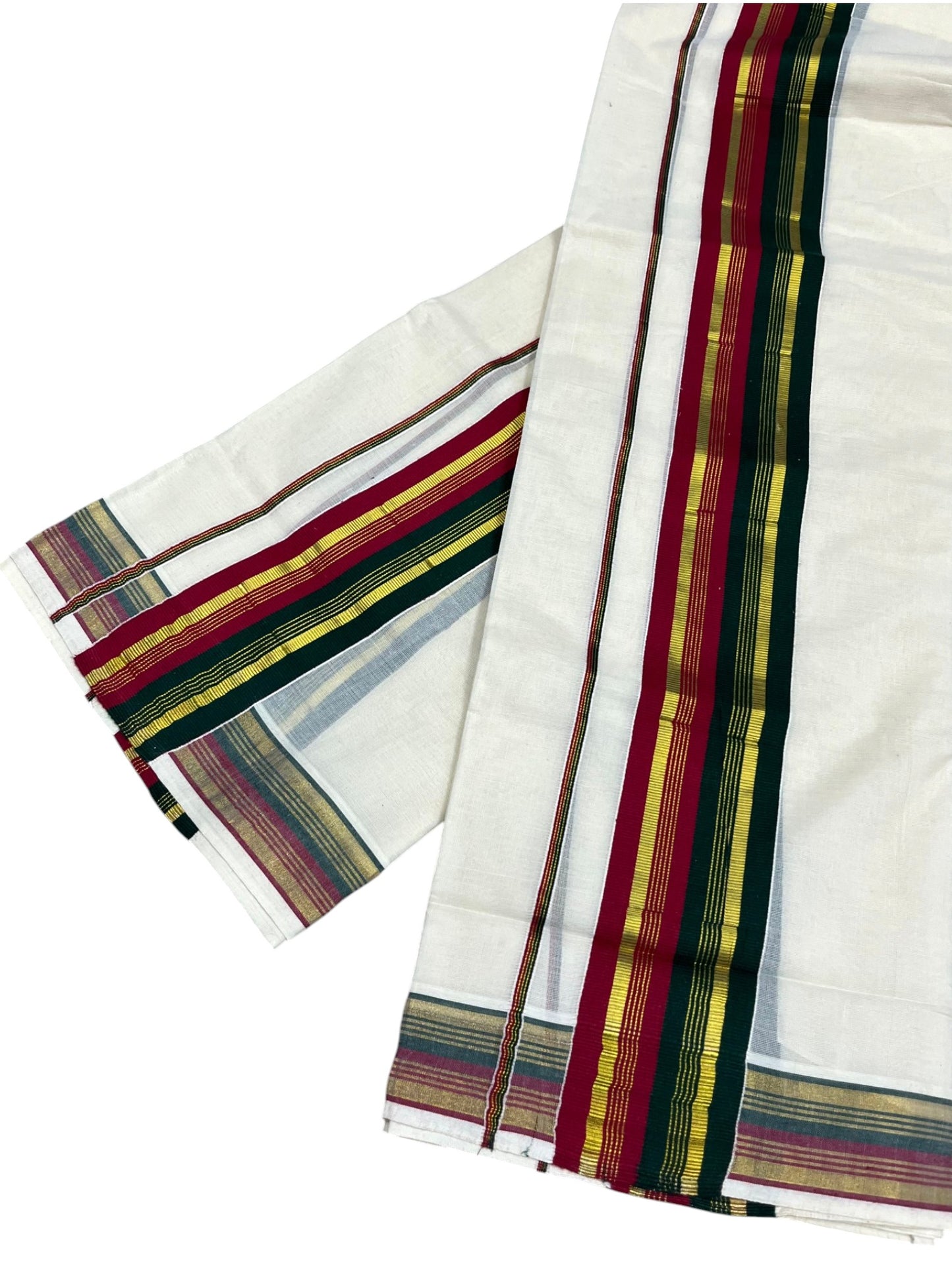 Southloom Kerala Cotton Kasavu Single Set Mundu (Mundum Neriyathum) with Green and Maroon Kasavu Border SLKK