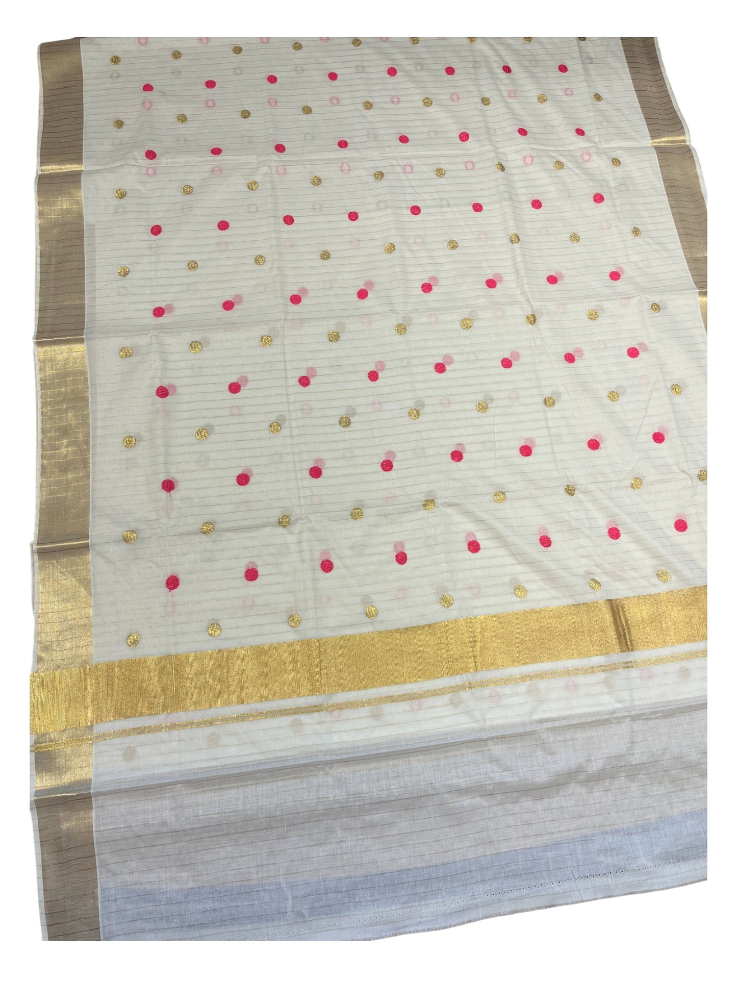 Southloom Kerala Pure Cotton Saree with Gold&Pink Polka Embroidery Works on Body