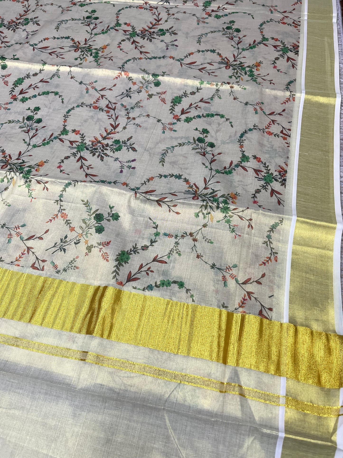 Southloom Tissue Kalamkari Print Kerala Kasavu Saree in Green