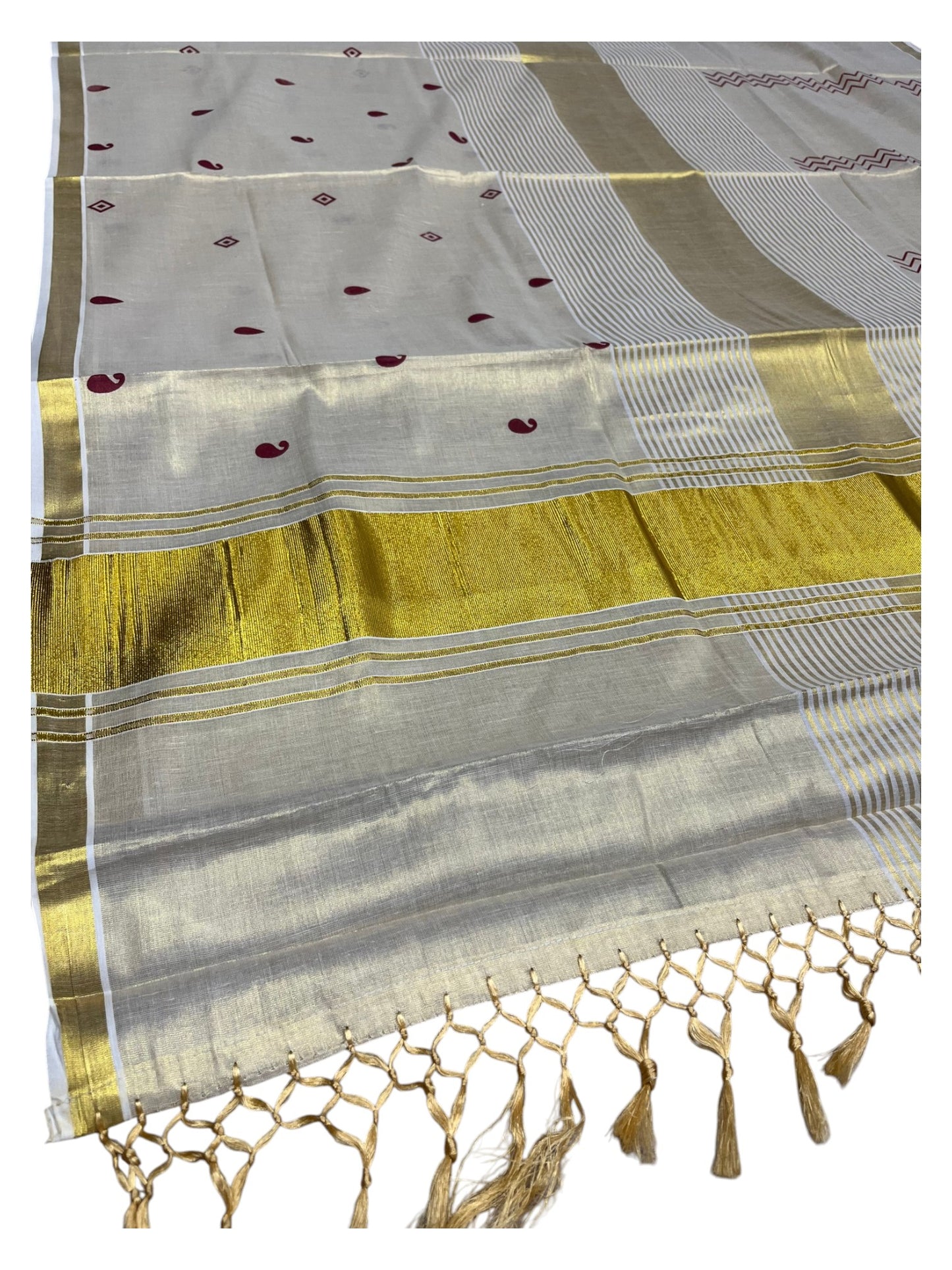 Southloom Kerala Tissue Kasavu Saree Maroon Hand Printed