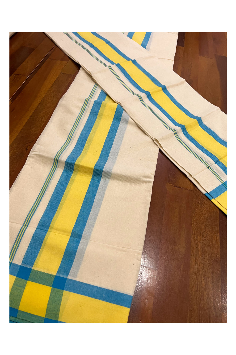 Pure Cotton Mundum Neriyathum Double (Set Mundu) with Blue and Yellow Border