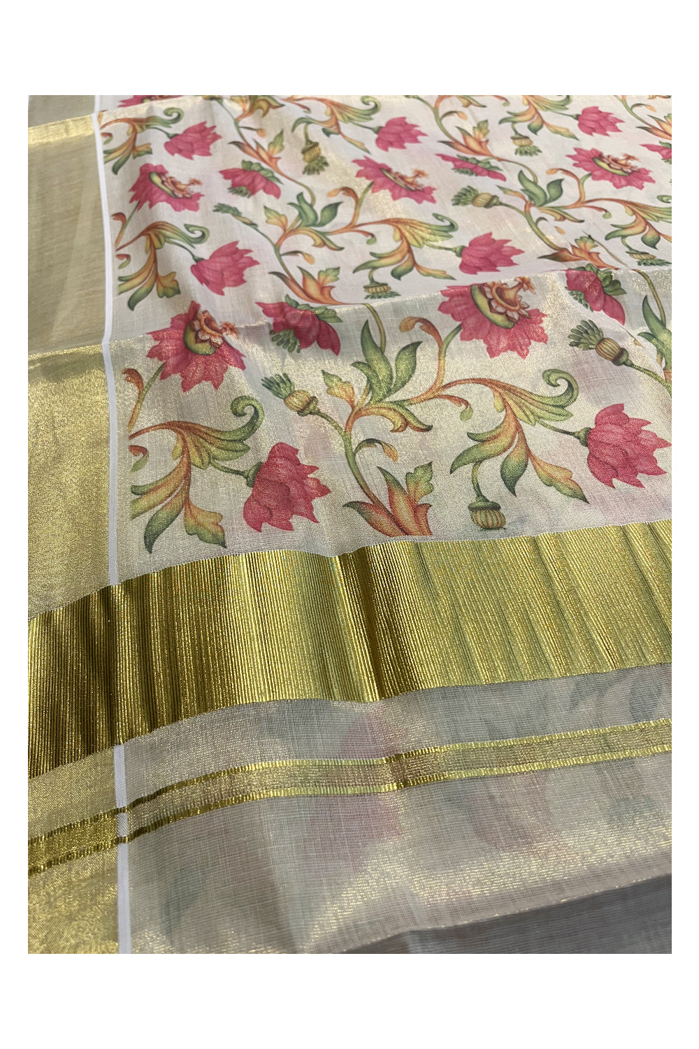 Kerala Tissue Kasavu Saree with Pink Lotus Floral Kalamkari Design