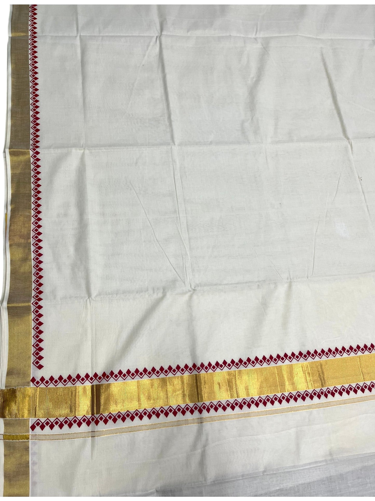 Southloom Cotton Kerala Kasavu Saree with Red Block Printed Design