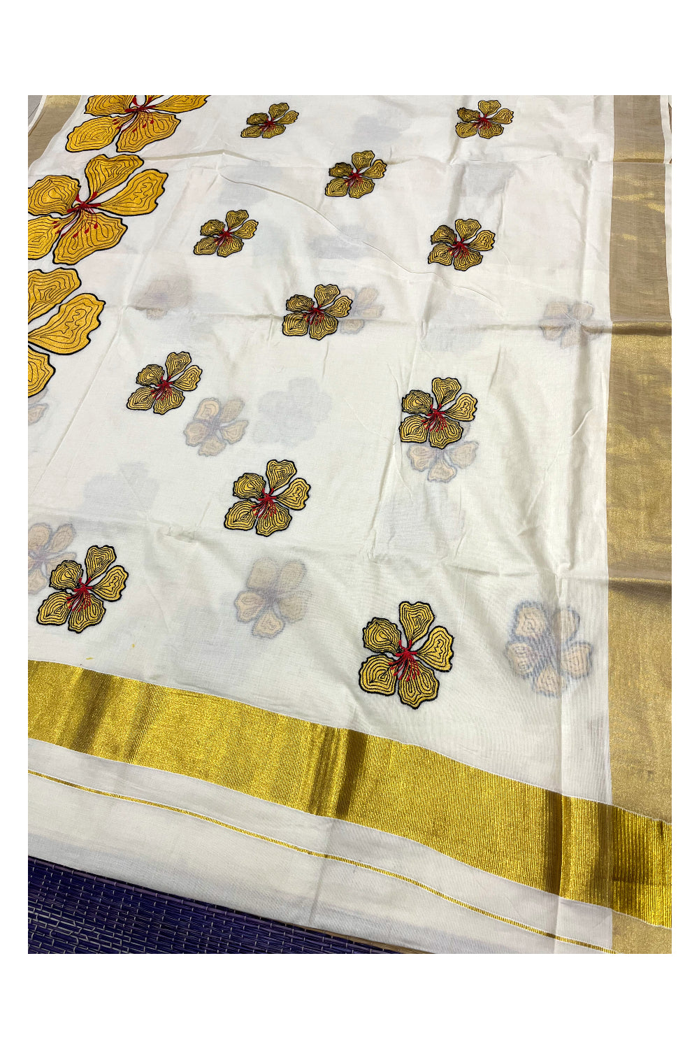 Kerala Cotton Kasavu Saree with Yellow Floral Embroidery Works