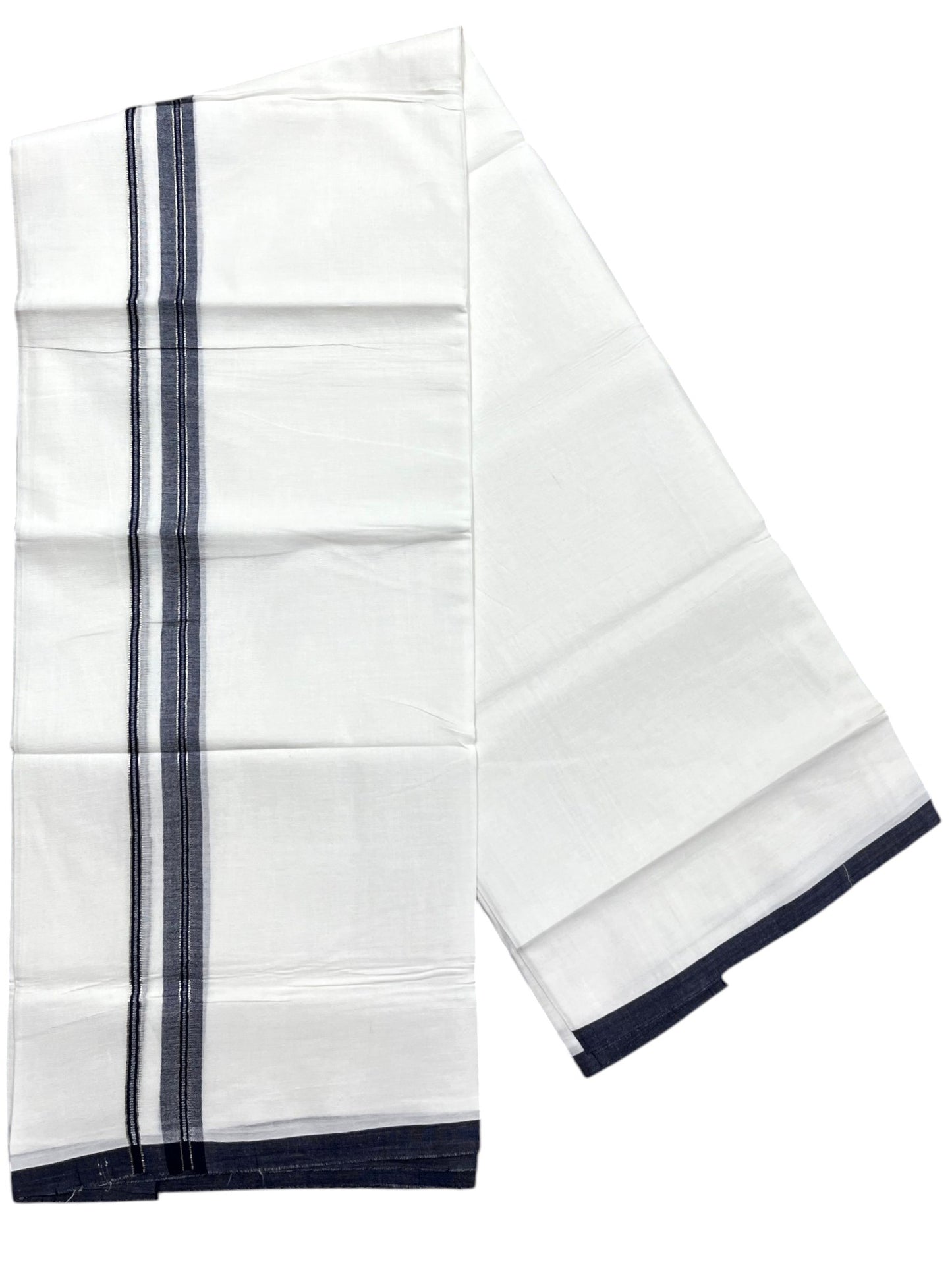 Southloom Pure White Cotton Mundu with Blue & Silver Line Border (South Indian Kerala Dhoti)