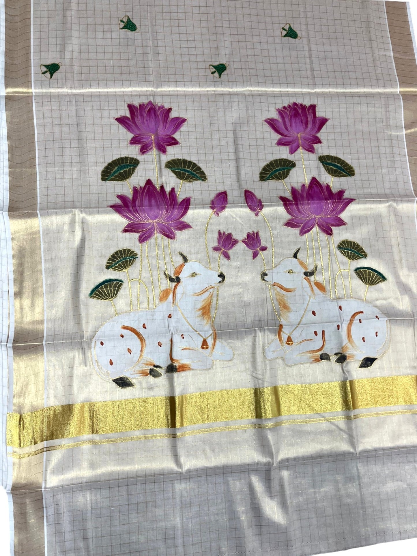 Southloom Tissue Kerala Kasavu Saree with Check Hand Painted Embroidery Nandi and Lotus Design