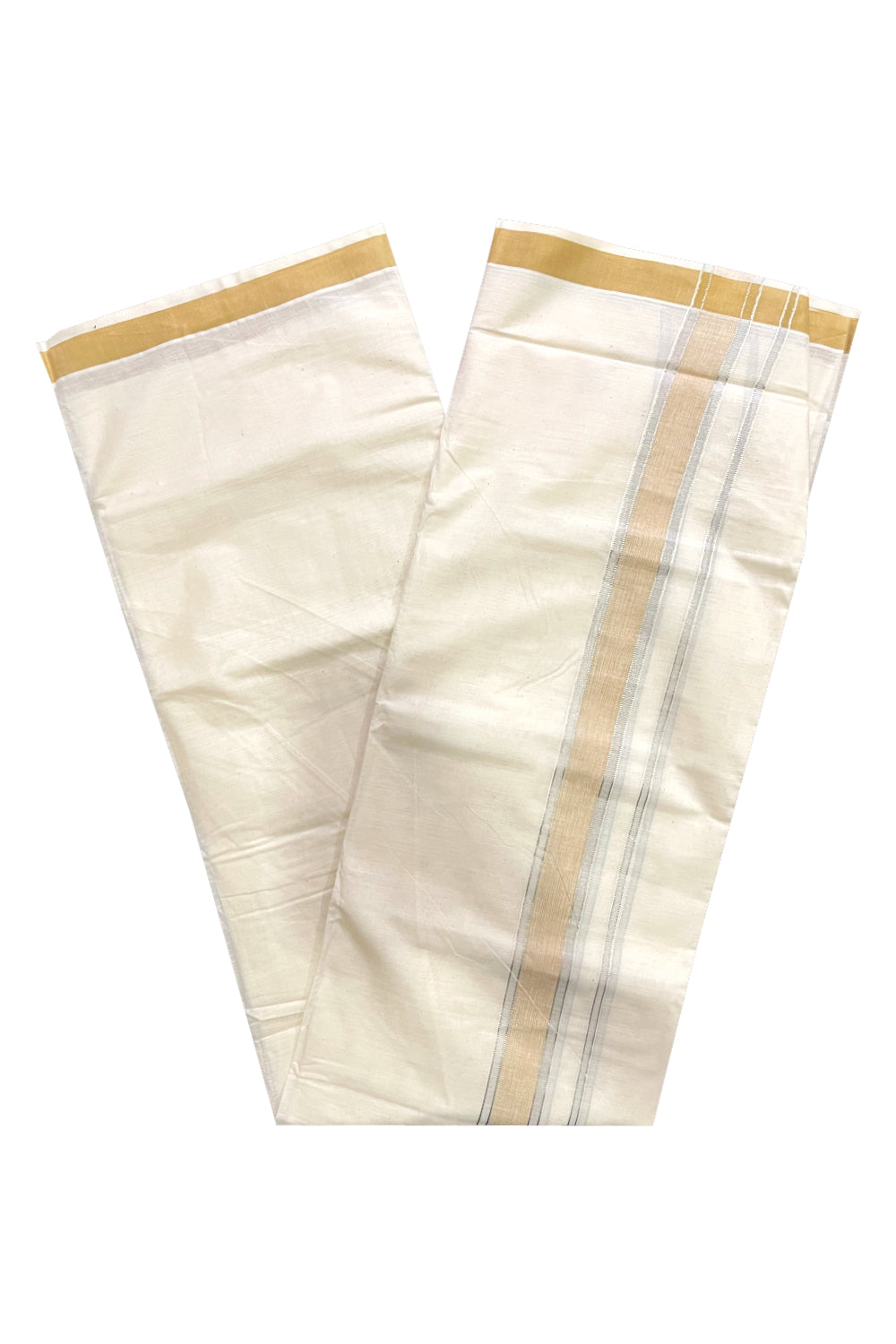 Pure Cotton Kerala Double Mundu with Silver Kasavu and Yellow Border (South Indian Kerala Dhoti)