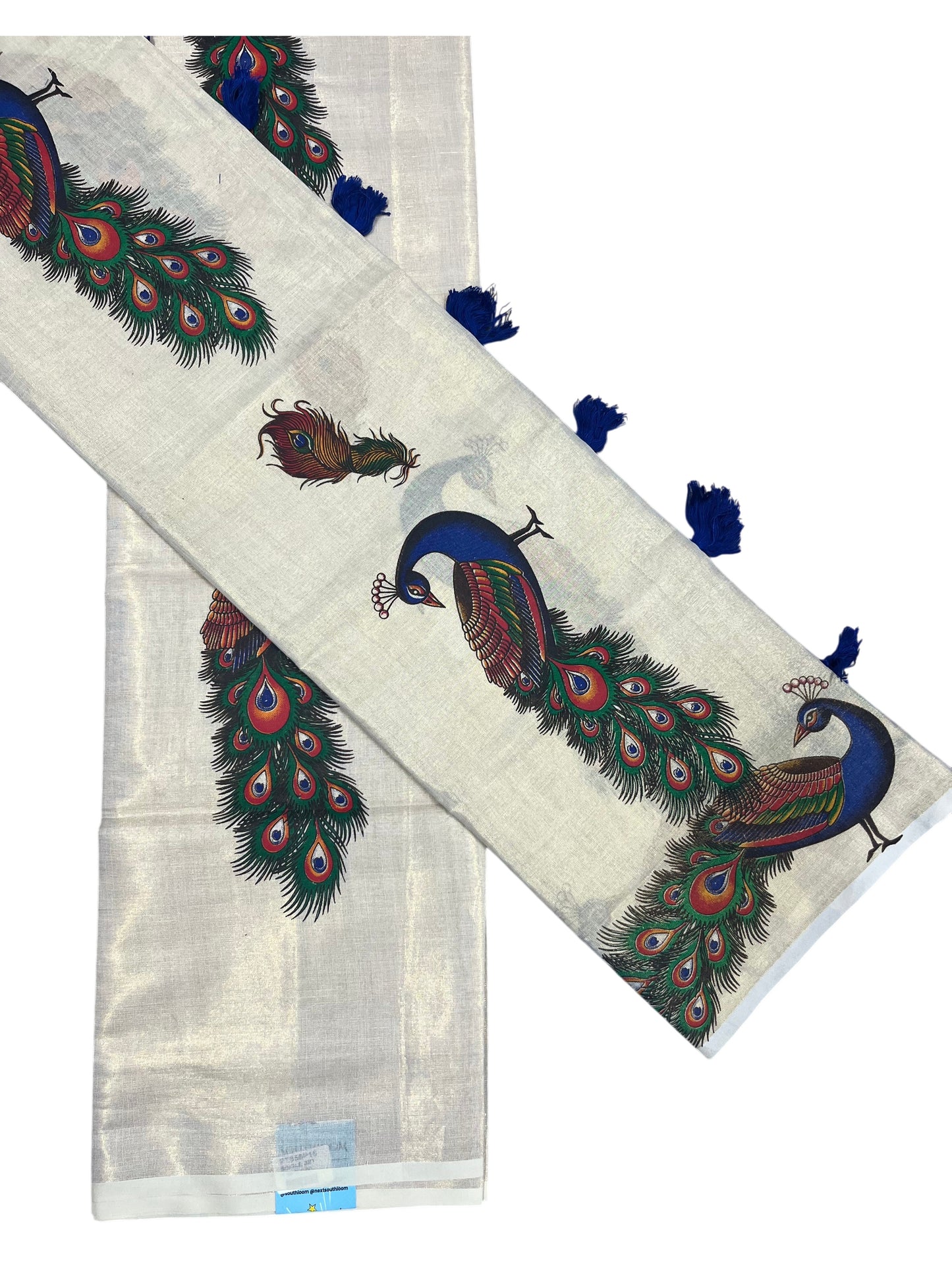 Southloom Tissue Single Set Mundu (Mundu Neriyathum) With Peacock Digital Print With Tussles in Blue 2.80 Mtrs )