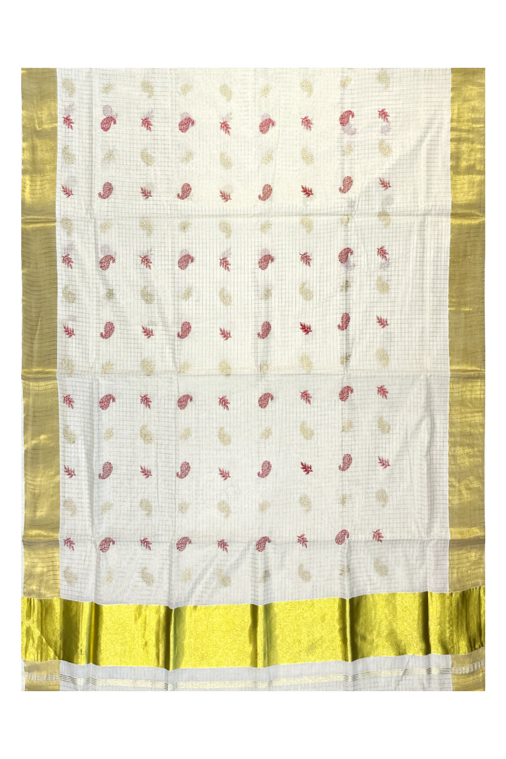 Kerala Cotton Kasavu Checkered Saree with Red And Golden Floral Embroidery Works