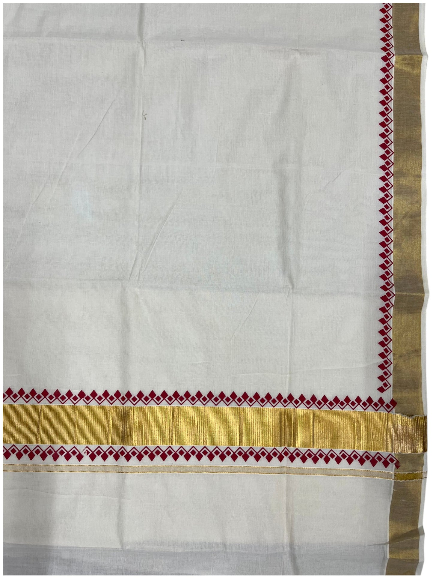 Southloom Cotton Kerala Kasavu Saree with Red Block Printed Design